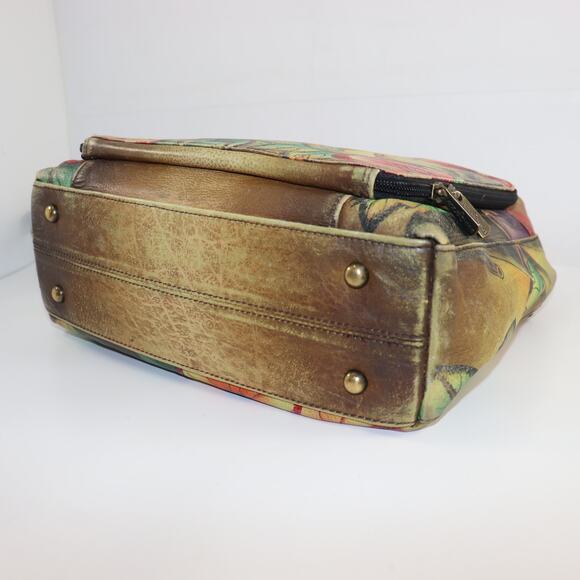 Anuschka Hand-Painted Leather Crossbody Bag Cat & Bird Floral - Picture 6 of 9